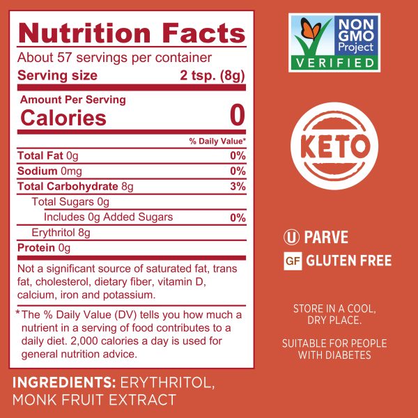 Splenda Monk Fruit Sweetener 1 lb Pouch - Nutrition Facts Label