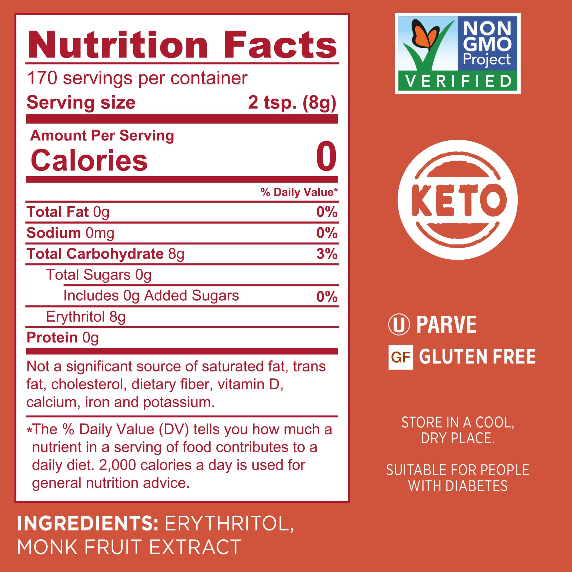 Splenda Monk Fruit Sweetener 3 lb Pouch - Nutrition Facts Label