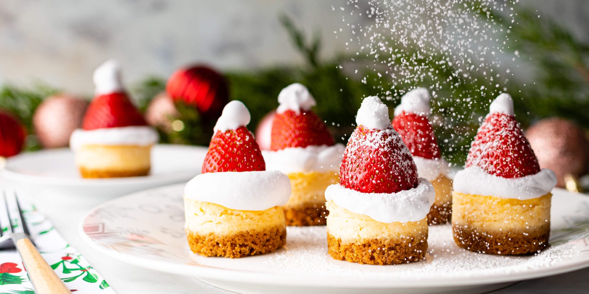 Mini Santa Hat Eggnog Cheesecakes