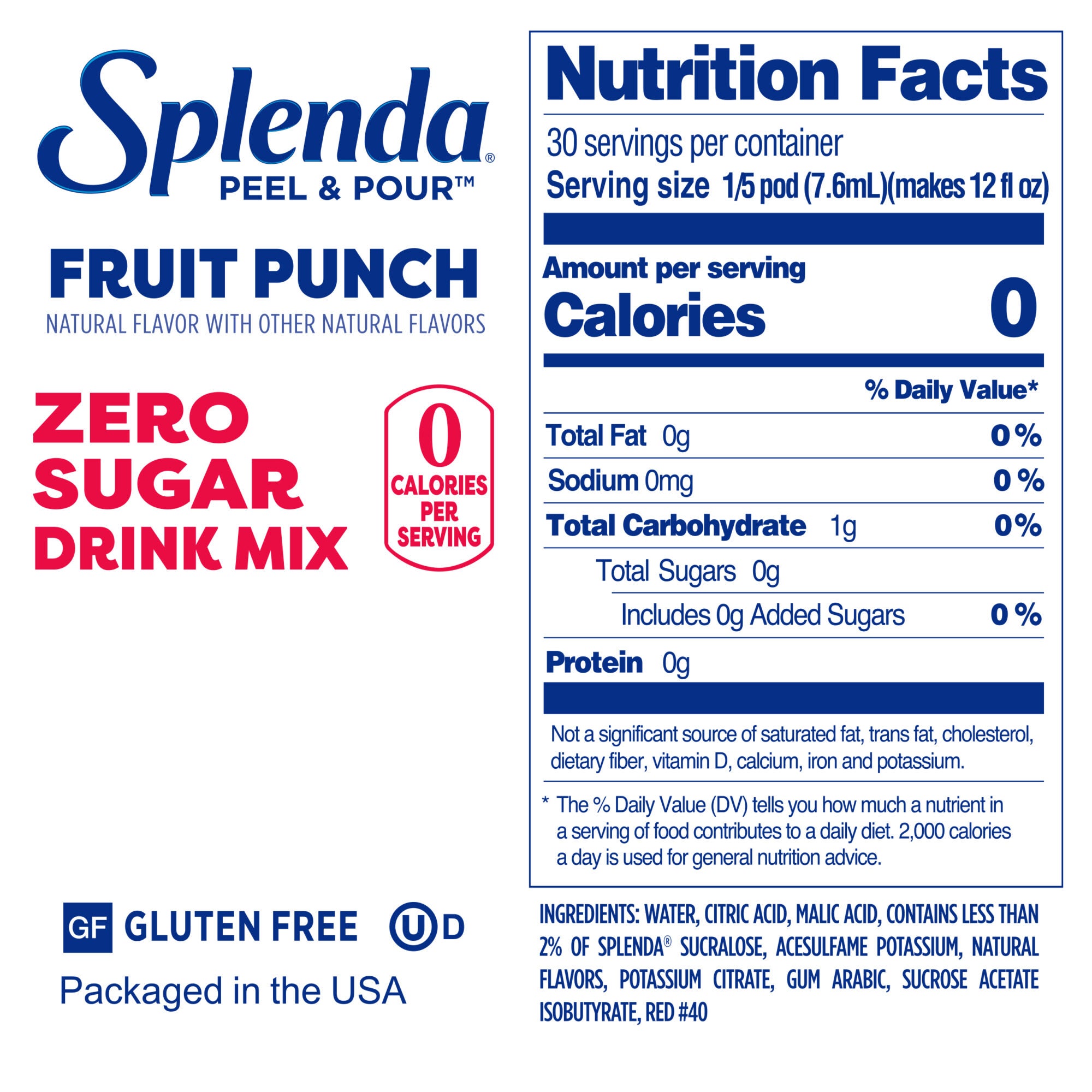 Splenda Mezcla de Bebidas Sin Azúcar Peel & Pour, Refresco de Frutas - Etiqueta con datos de nutrición