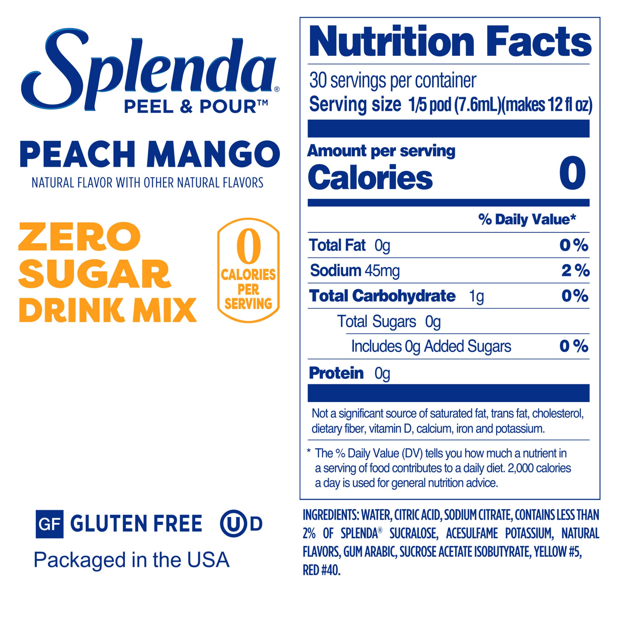 Splenda Mezcla de Bebidas sin Azúcar Peel & Pour, Melocotón y Mango - Etiqueta con datos de nutrición