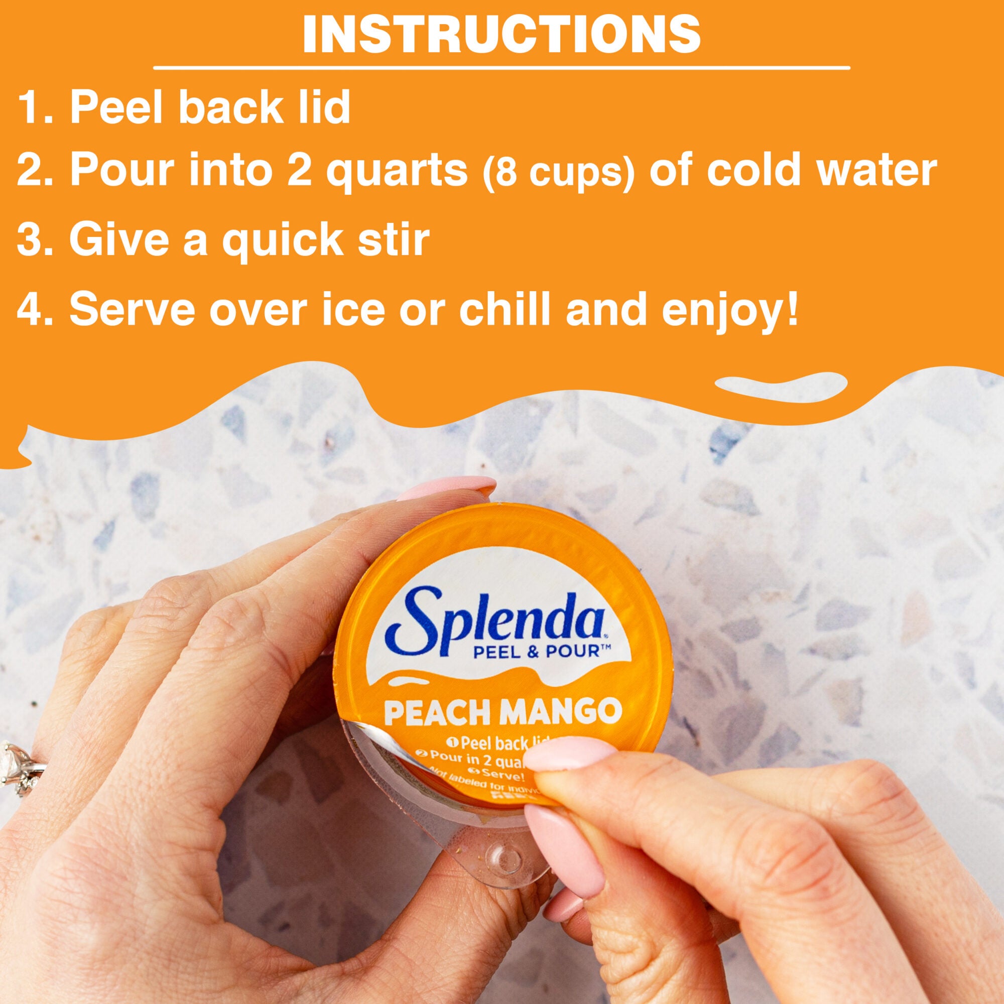 Splenda Peel & Pour Peach Mango Zero Sugar Drink Mix – Instructions