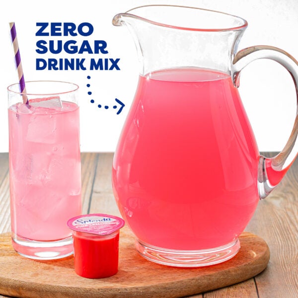 Splenda Peel & Pour Pink Lemonade Zero Sugar Drink Mix – Pitcher and Glass