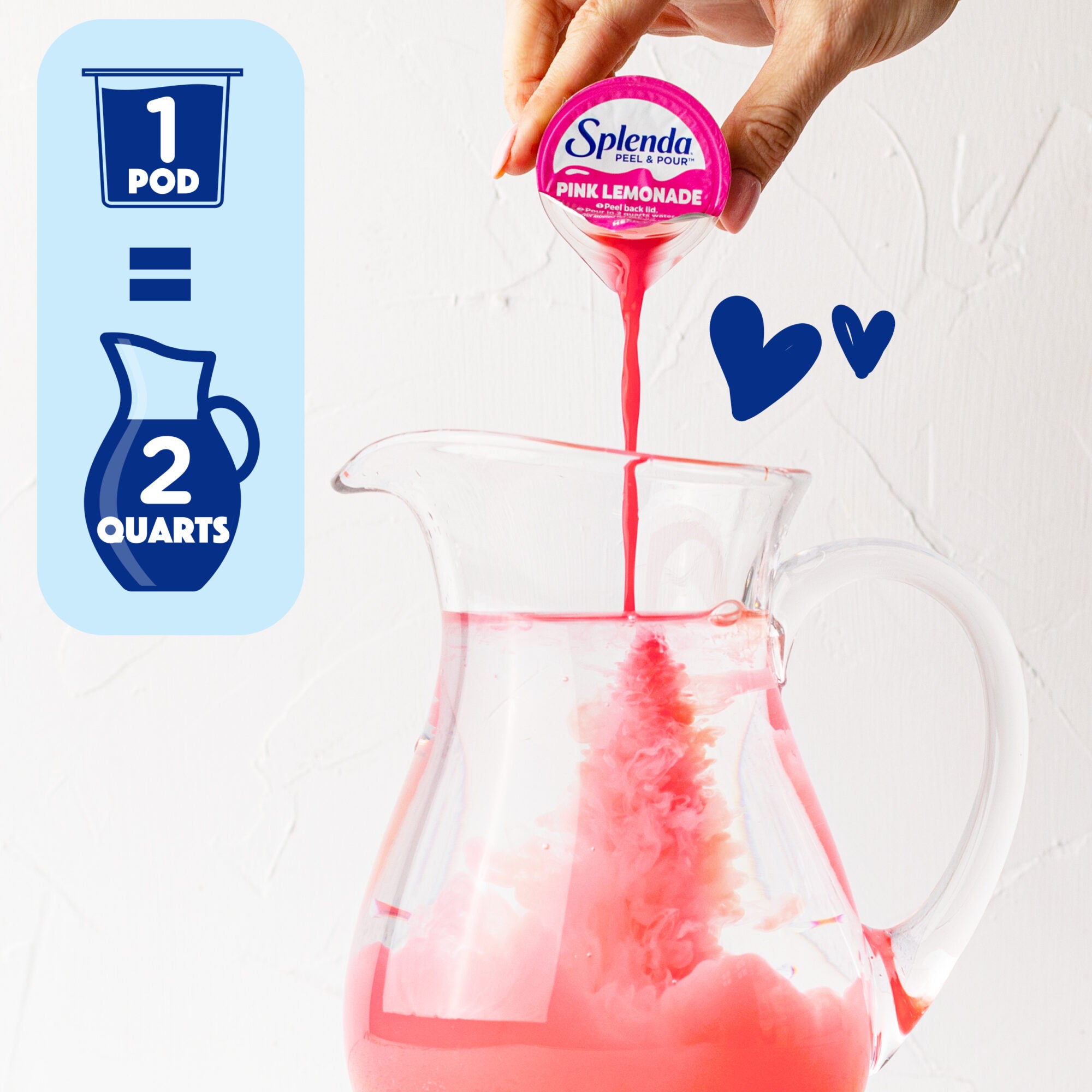 Splenda Peel & Pour Pink Lemonade Zero Sugar Drink Mix – Pouring Liquid Pod in Pitcher