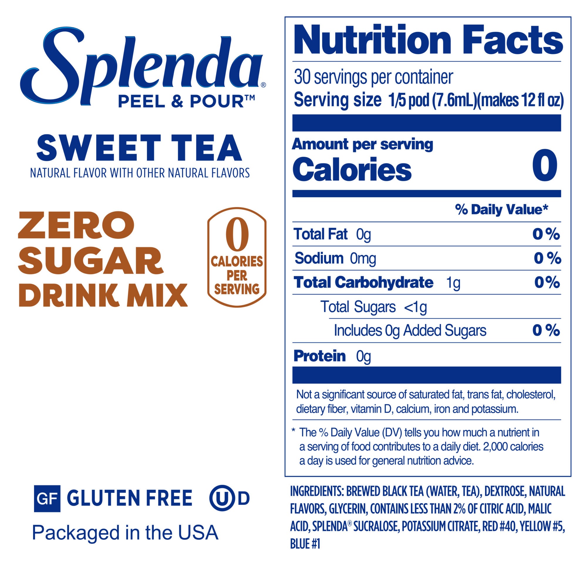 Mezcla de bebidas sin azúcar Splenda Peel & Pour, té dulce - etiqueta de datos de nutrición