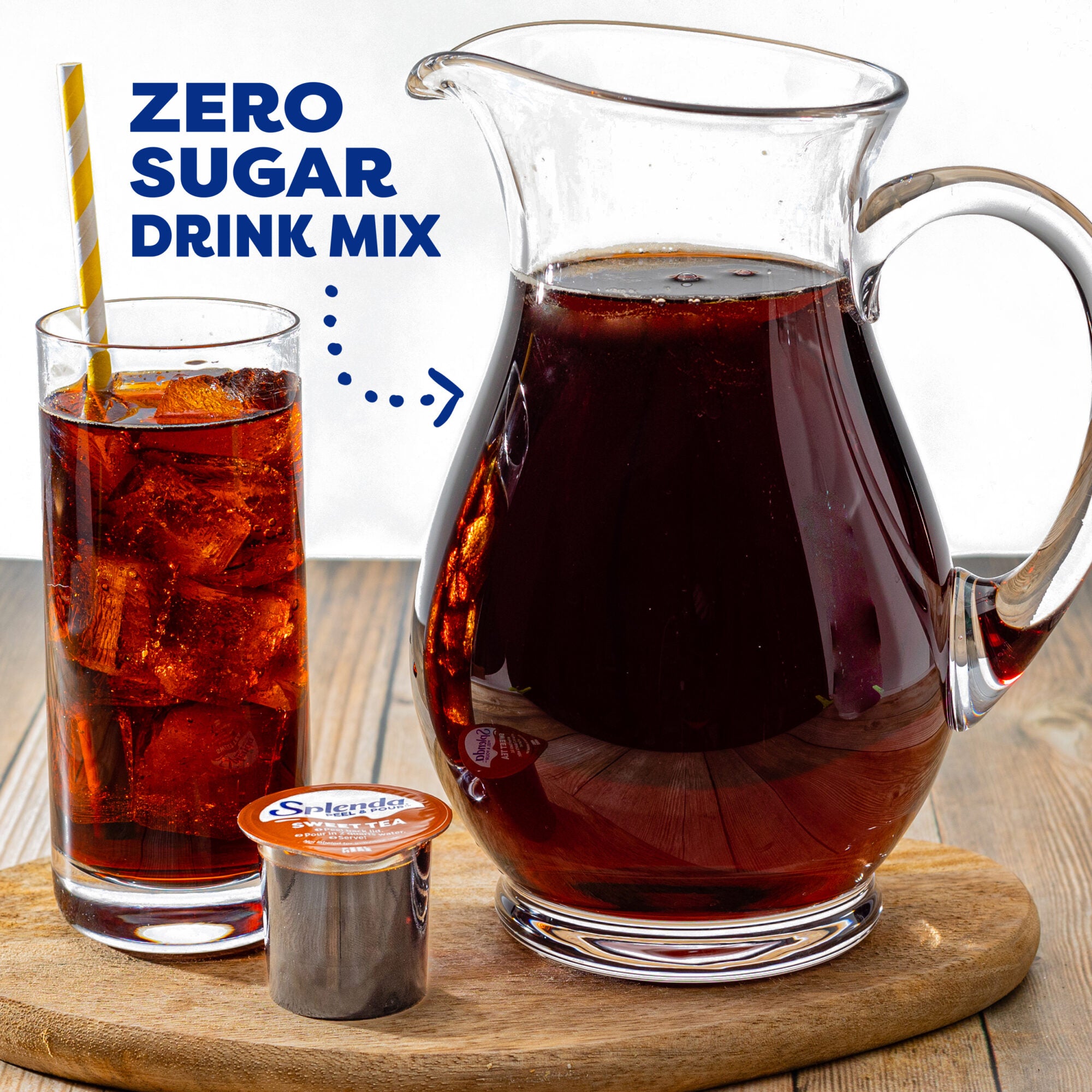 Splenda Peel & Pour Sweet Tea Zero Sugar Drink Mix – Pitcher and Glass