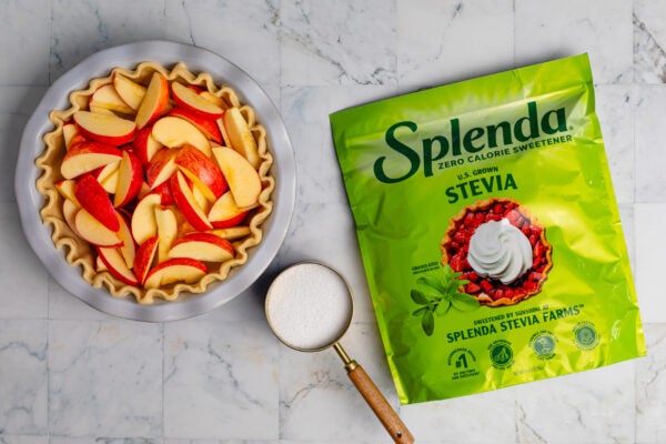 apple pie on a counter with stevia package