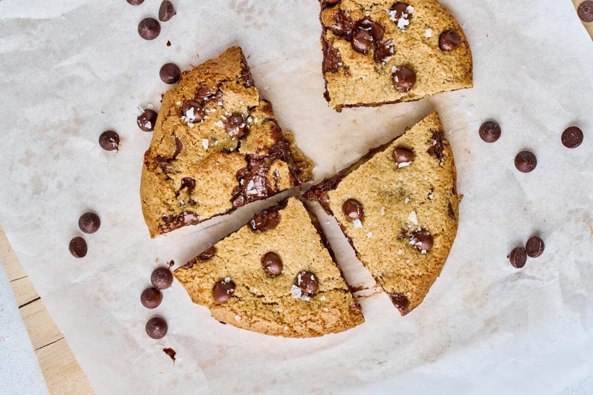 chocolate chip cookie cut into quarters